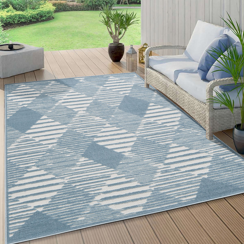 Turkish Unfaded Geometric Indoor Outdoor High-Low Pile Area Rug in Blue/Cream for Patios, Deck, Porch Or Entryway