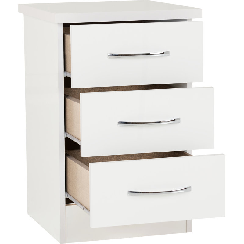 Cascio 3 Drawer Bedside Table, White Gloss
