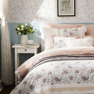Édredon 9 pièces pour lit très grand - coton, motif cachemire, bride, 2 taies décoratives, coussins décoratifs Euro 3, doux et avec imprimé, embellissement en dentelle,