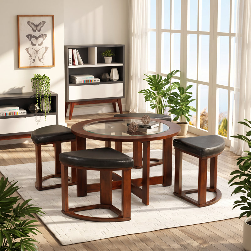 Ensemble table basse Cylina 39 po L x 39 po P x 19 po H avec dessus en verre biseauté et 4 tabourets