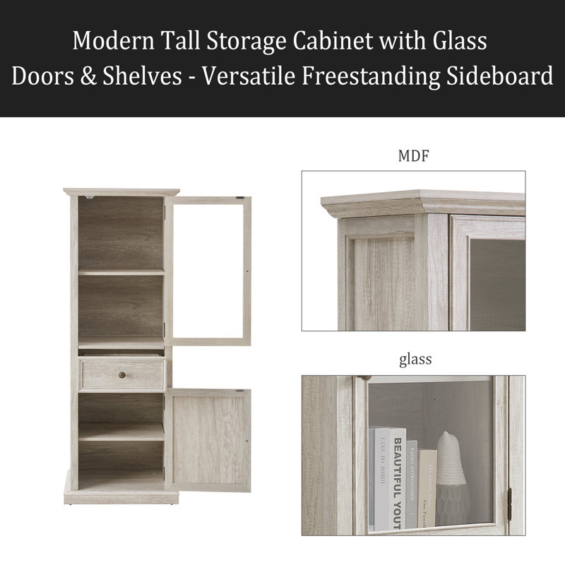 Grande armoire de rangement moderne avec portes et tablettes en verre - Buffet autoportant polyvalent avec tiroir pour le salon, la cuisine, la salle à manger et le bureau
