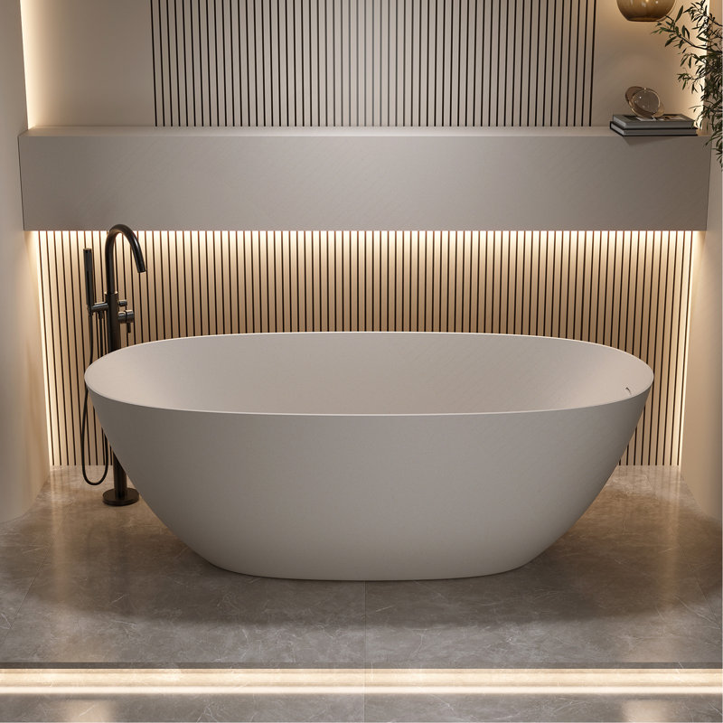 69" Freestanding Bathtub Resin Stone Soaking Bathtub Solid Surface Modern Tubs With Overflow And Pop-Up Drain, Cream