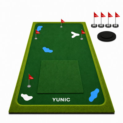 YUNIC 16ft x 10ft Large Golf Putting Green with Built-in Center Hitting Mat, Professional Golf Putting Mat for Indoor Garage & Backyard Outdoor Putting & Swing Training