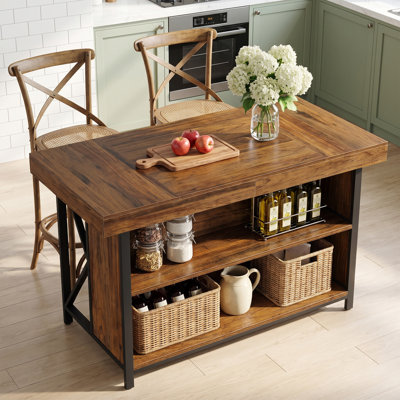 Îlot de cuisine de 140 cm avec rangement à 2 niveaux, table îlot fixe en bois avec structure en métal pour cuisine et salle à manger