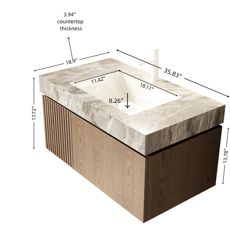 - Lavabo de salle de bain de style 36 po avec comptoir en pierre frittée grise, lavabo en céramique, armoire en contreplaqué flottant, meuble-lavabo et rangement pré-assemblés, porte à panneau en bois imperméable,