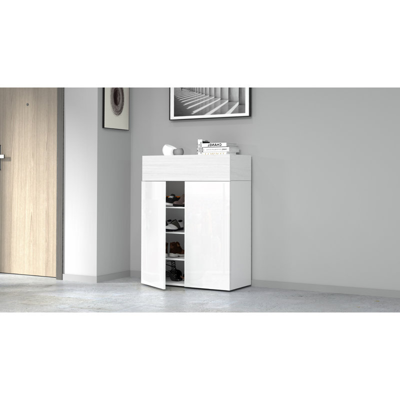 16 Pair Shoe Storage Cabinet, White/White Wood
