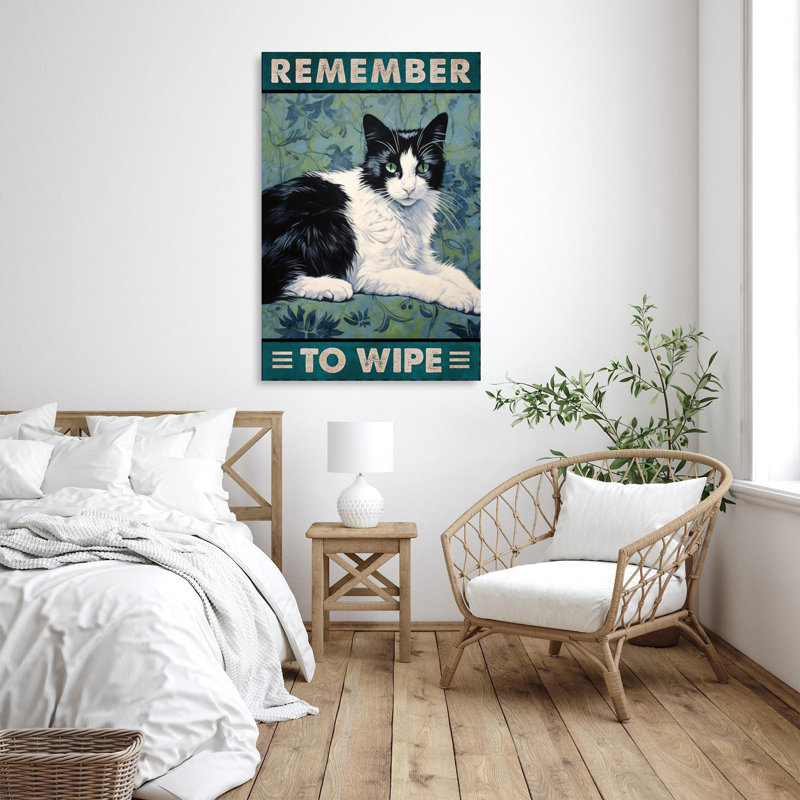 «Tuxedo Cat Rappelez-vous d'essuyer» - 1 pièce, reproduction d'art graphique sur toile tendue, H 36 po x l 24 po x P 1,25 po
