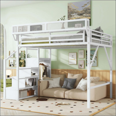 Lit mezzanine avec escalier, lit mezzanine en métal avec tablettes de rangement, lit mezzanine haut avec garde-robe pour les enfants adolescents