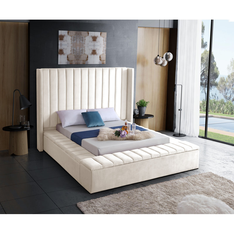 Rick Upholstered Wingback Bed, Full, Cream Velvet