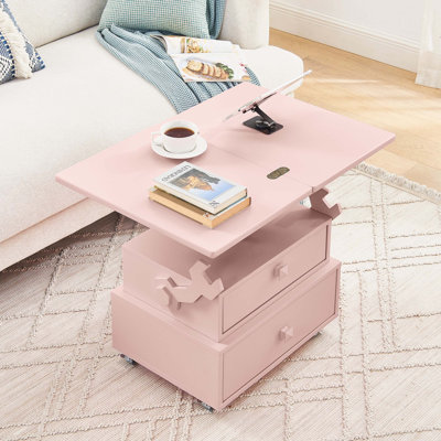 Table de bout roulante laquée ultrabrillante, réglable en hauteur avec plateau relevable, tiroirs de rangement, station de charge et roues universelles verrouillables, multi-usage pour le salon et la chambre à coucher