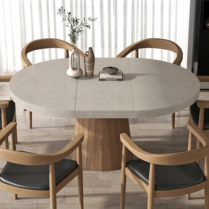 Gray and Natural Wood Round Extendable Dining Table for 4-6