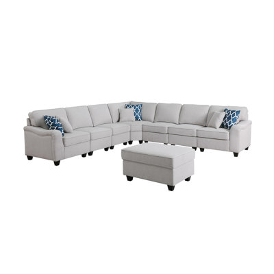 Canapé modulaire en forme de L et repose-pieds en lin gris clair 8 pièces