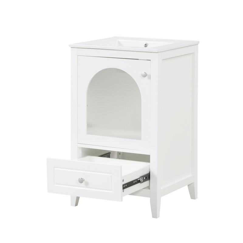 Meuble-lavabo de 20 po avec lavabo, armoire de salle de bain avec porte en verre à fermeture douce, tiroir, Blanc