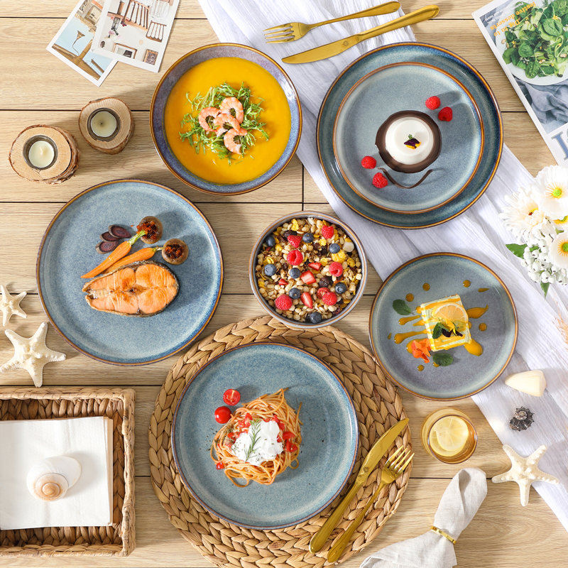 Service de table en grès 24 pièces pour 6 personnes avec finition vernis réactive réversible vancasso - comprend assiettes, assiettes à dessert, bols à pâtes et bols à céréales.