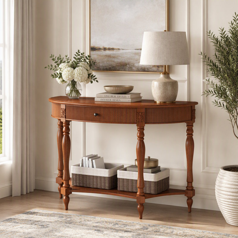 Console demi-lune en bois massif de 45,3 pouces avec tiroir cannelé et tablette pour entrée, Walnut