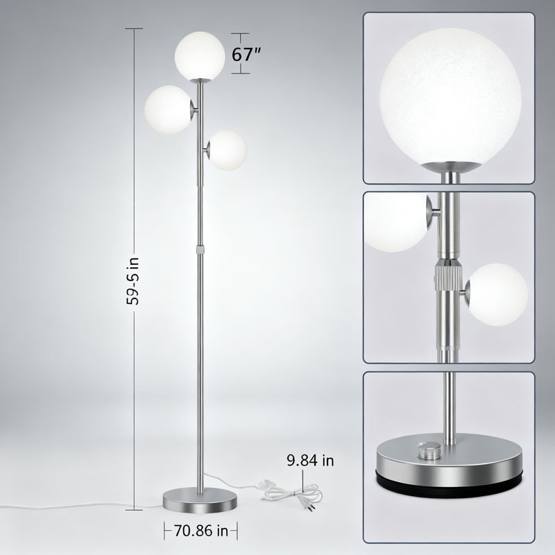Mid Century Modern Floor Lamp With 3 Frosted Glass Globes, Adjustable Height 55-67 Inch Standing Lamp For Living Room, Bedroom, Office, Includes G9 LED Bulbs And Foot Switch