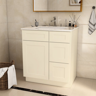 Base de meuble-lavabo de meuble-lavabo antique en contreplaqué blanc antique, 30 po X P 21,5 po, H 34,5 po, porte de droite, pièces de fabrication, - composants de fabrication de la couche d'étanchéité, écran de protection