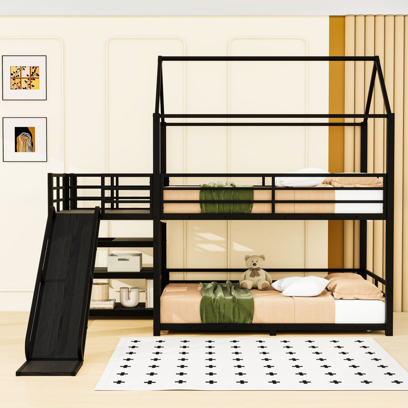 Lit superposé en métal avec glissière et garde-corps en forme de maison, Simple sur simple