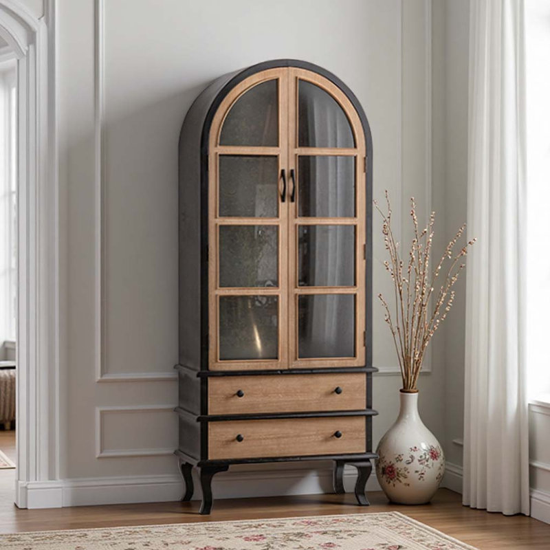 Vitrine avec portes en verre et compartiments de rangement dissimulés, Noir / bois naturel
