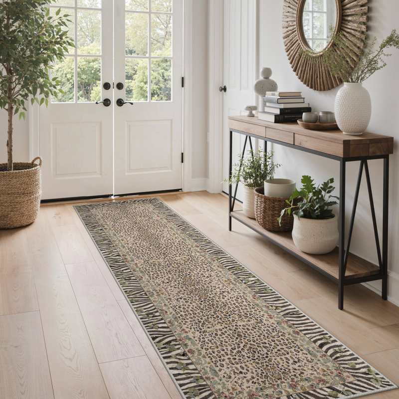 Alissa Liora Boho Leopard Floral Machine Washable Brown / Green / Beige Indoor Area Rug with Non-Slip Backing, Runner 2' x 7'