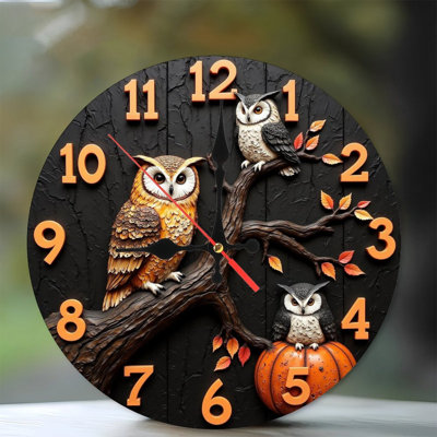 Owls Clock Autumn Leaves Pumpkin
