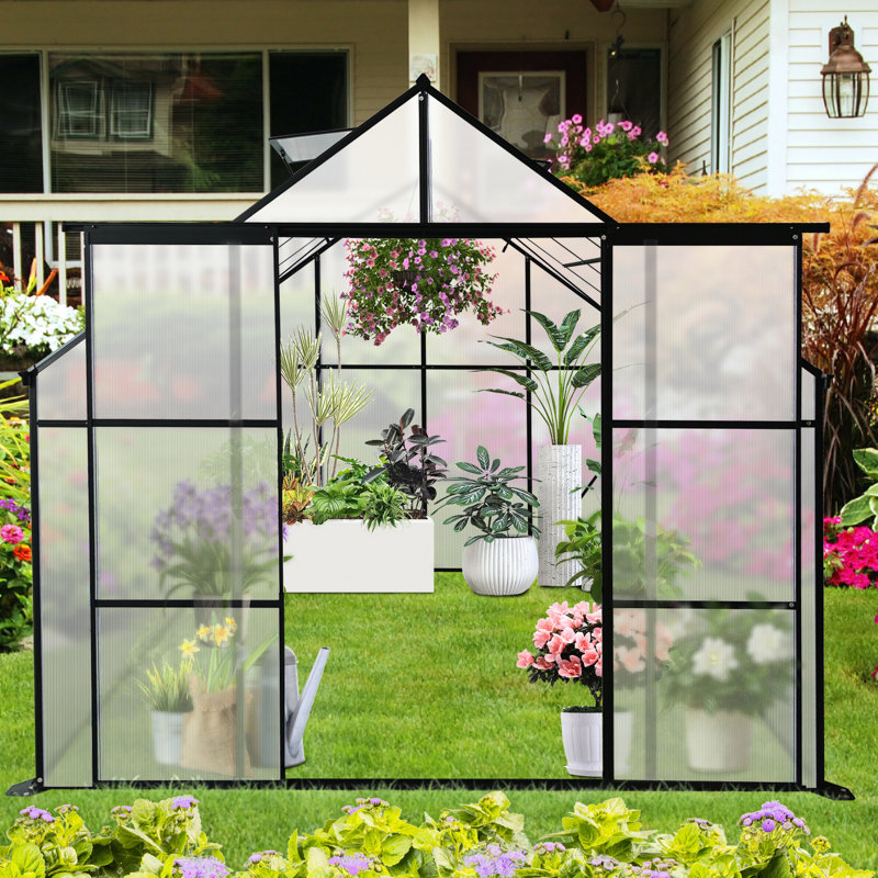 8x6ft Black Greenhouse For Plants - Frame, Sunlight Transmission, Polycarbonate In Sliding Door, Frost Protection, Flower Shelter