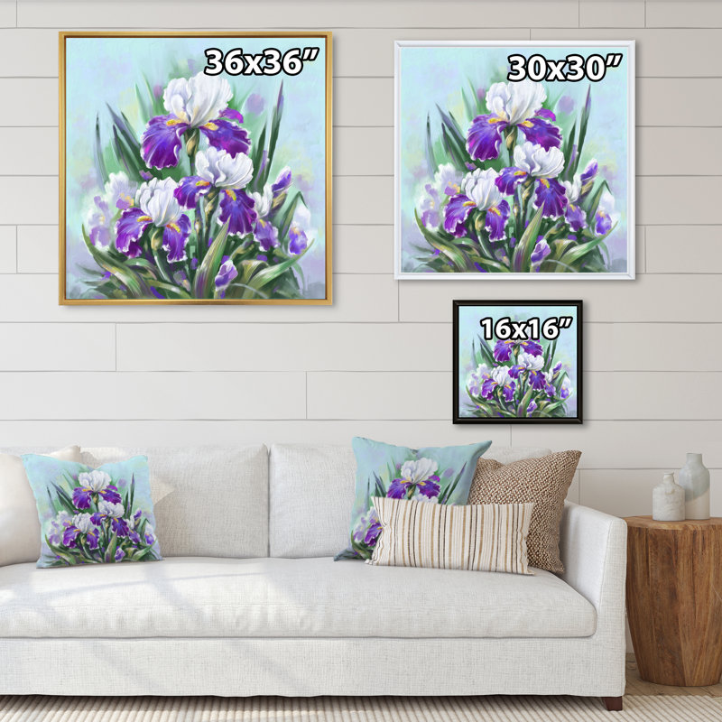 Fleurs et iris mauves en fleurs, H 30 po x l 30 po x P 1 po, Toile avec cadre flottant noir