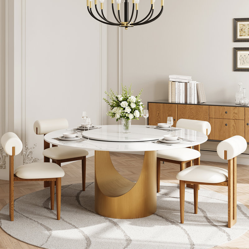 Modern Round Dining Table for 6-8, Glossy Sintered Stone Table top, Luxury Kitchecn Table with Bronze base