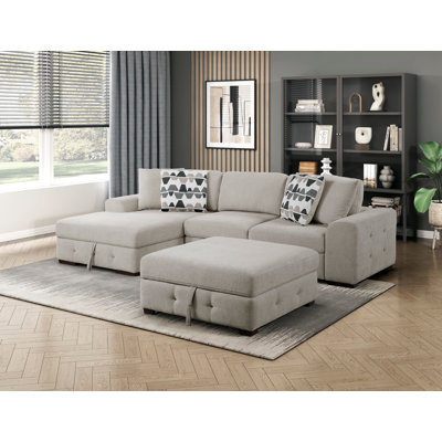 Taupe 3-Piece Sectional with Left Chaise Storage Ottoman Pull out Bed Tufted Chenille Fabric Solid Wood Living Room Furniture