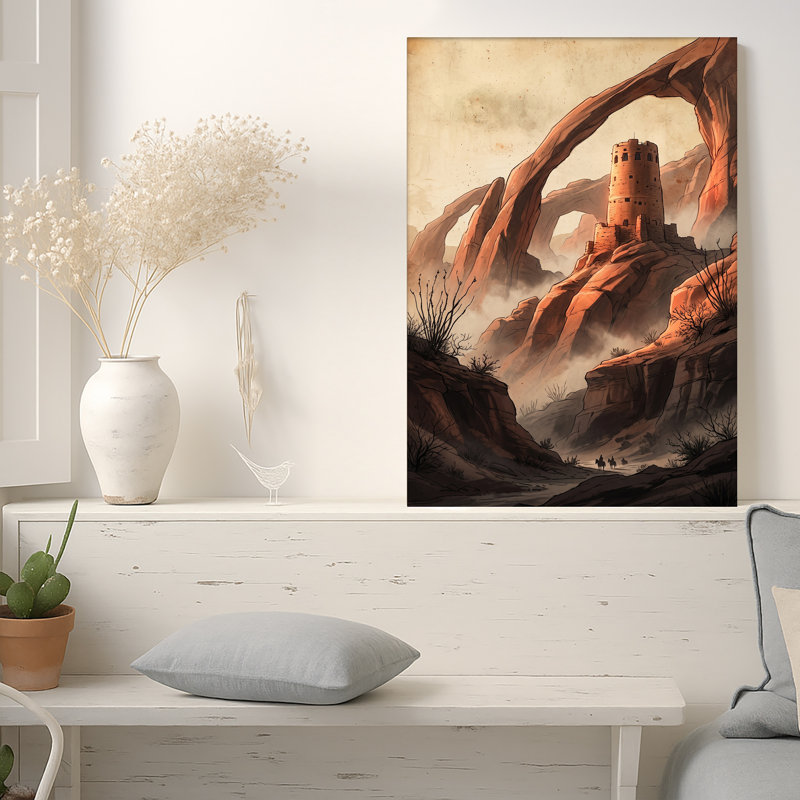 «Stone Tower and Giant Rock Arches in Misty Orange Canyon», art mural sur toile, H 24 po x l 16 po