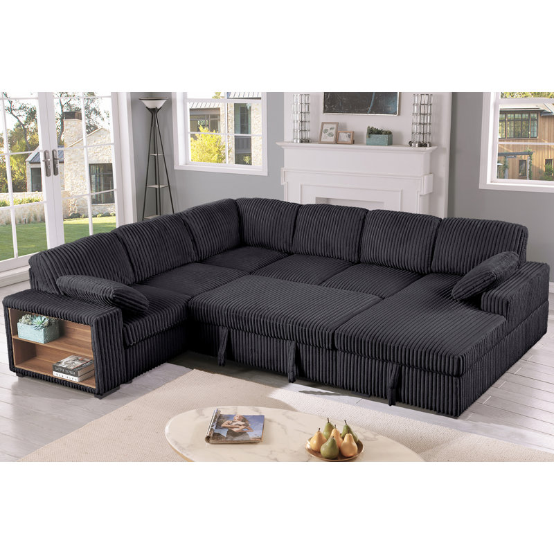 Oversized Convertible Sleeper Sectional, Corduroy Sofa Bed with Storage Chaise and Armrest Shelves, Dark Gray Corduroy