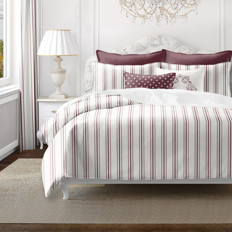 August Stripe Reversible Cotton Duvet Cover Set, Super King Duvet Cover + 2 King Shams, Merlot