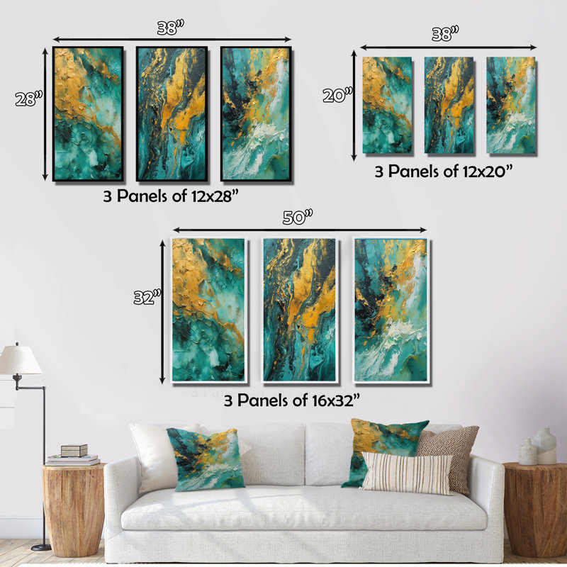 Golden Turquoise Waves Breaking Abstract - formes abstraites, ensemble de 3 pièces, Cadre flottant doré, H 20 po x l 36 po