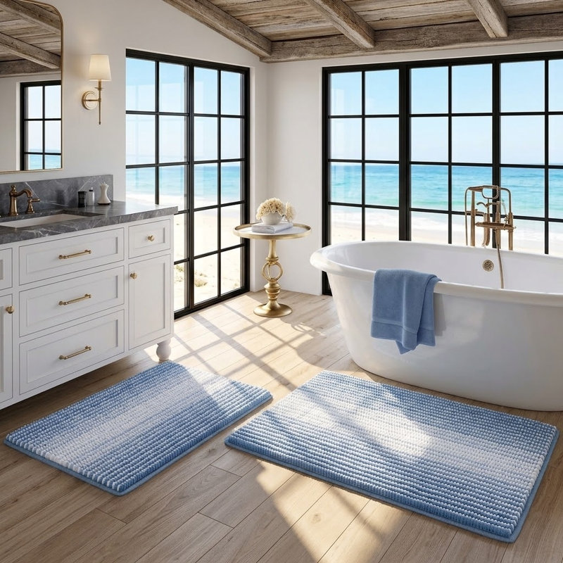 Plush Chenille Shag Bathroom Rug Set, Cozy Non-Slip Bath Mats, Sky Blue, 20" x 32" Plus 16" x 24"