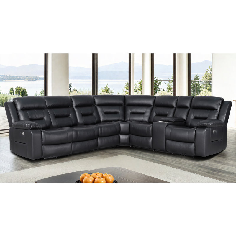 Kimblyn 6-SEAT Power Recliner Sectional Sofa Modular Living Room Sets with 1 Storage Console Cup Holder, Black Faux Leather