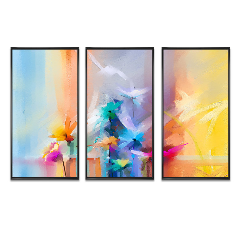 «Painted Pastel Flowers in Yellow Red and Blue II», ensemble de 3 reproductions sur toile flottantes, Noir, noir, noir, noir