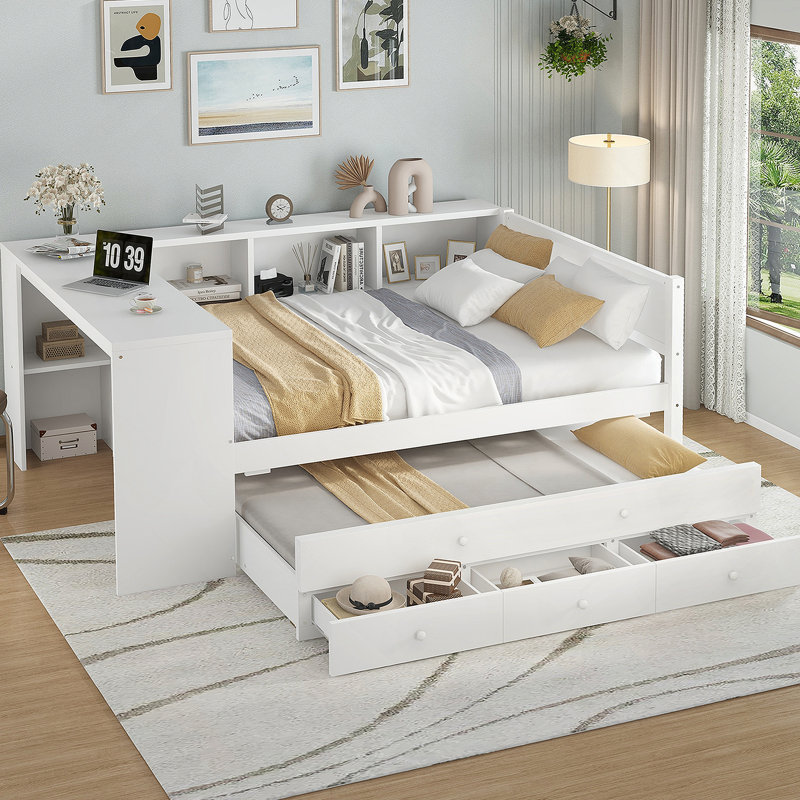 Lit de jour complet avec lit gigogne, tiroirs de rangement intégrés, tablettes latérales et bureau, idéal pour économiser de l'espace et pour une vie confortable