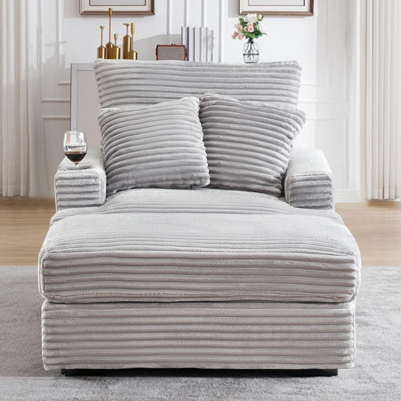 39" Wide Corduroy Upholstered Chaise Lounge Chair Accent Chair with Cup Holder for Living Room, Bedroom, Office, Gray