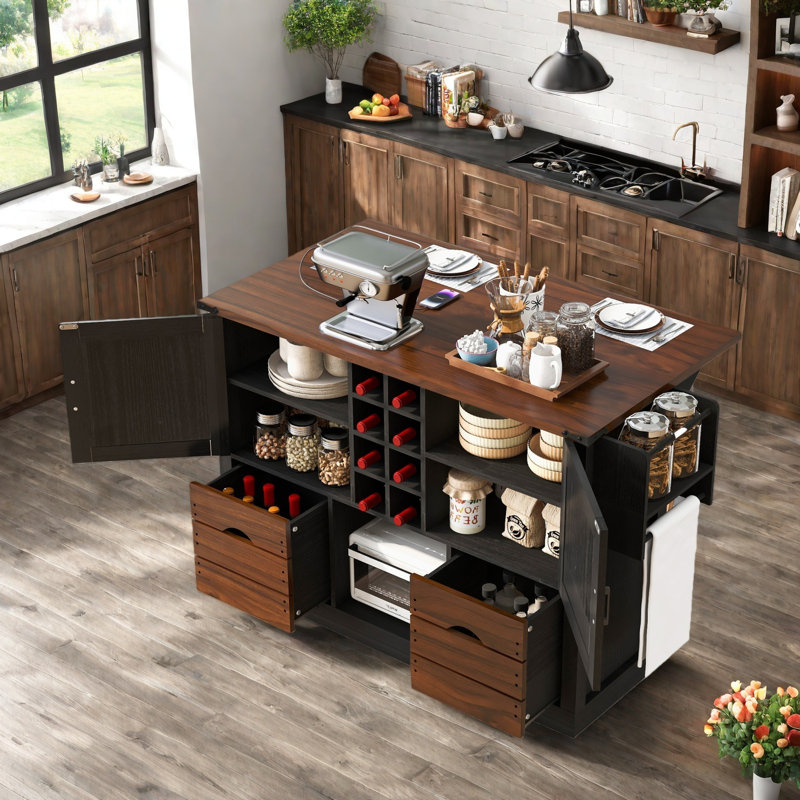 54" Farmhouse Kitchen Island with Drop Leaf, Power Outlet, Kitchen Storage Cart, 2 Doors, 2 Drawers, Black