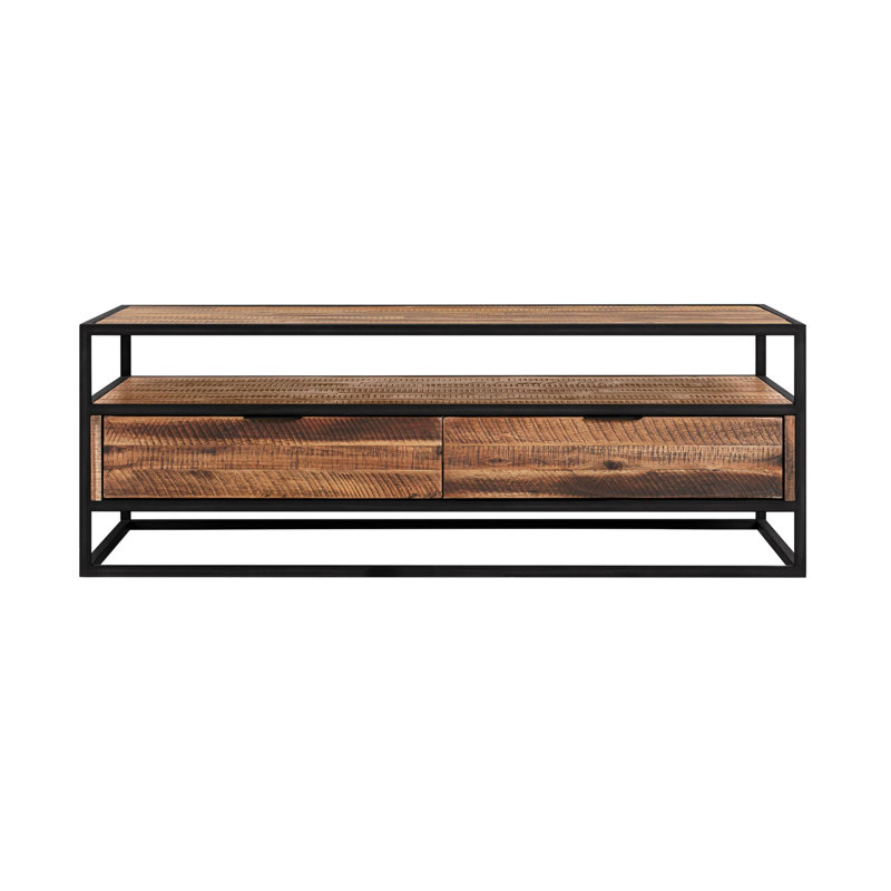 Dorleus 66" Wide Rectangle Coffee Table with Shelf in Acacia and Black Metal