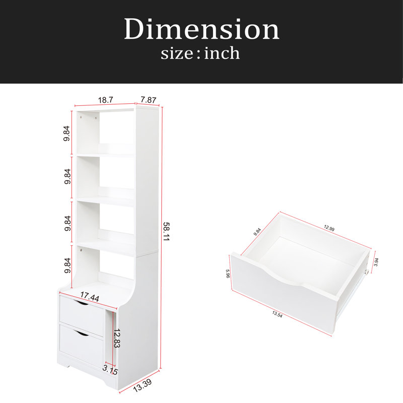 Table de chevet avec bibliothèque, table de chevet avec 2 tiroirs de rangement pour la chambre à coucher, Blanc