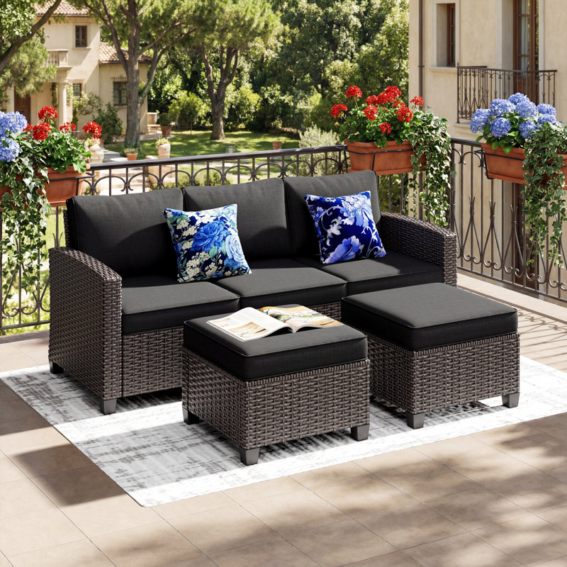 3 Pieces Patio Furniture Set, Outdoor Wicker Sofa Couch Loveseat With Ottoman Dark Gray, Dark Gray