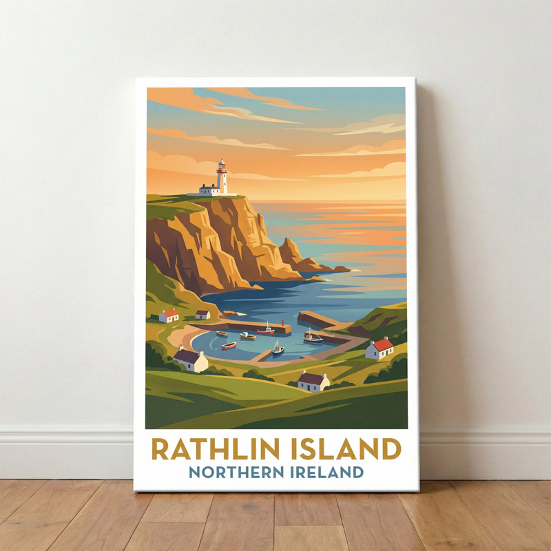 Rathlin Island, Northern Ireland - Sunlit Cliffs And Lighthouse: Romantic Coastal Travel Poster. Giclee Print On Wrapped Canvas. Wall Art, Home Decor - Natural Landmarks, Northern Ireland - Wrapped Canvas Print