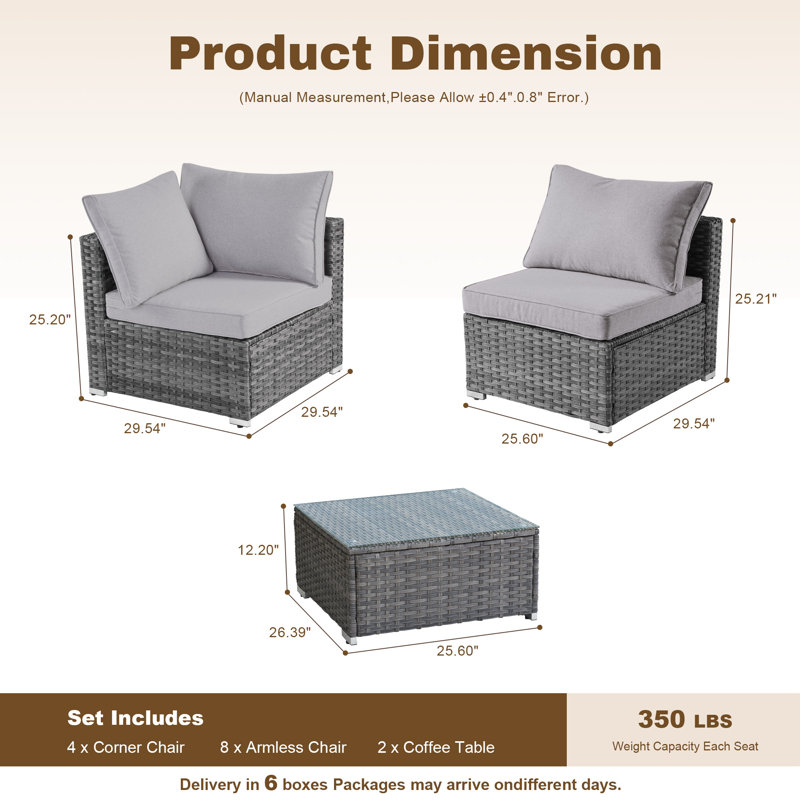 Riyonna 14-Piece Outdoor Wicker Modular Sectional Sofa Set with Tempered Glass Coffee Table and Cushions,Patio Conversation Set For Poolside,Terraces and Backyard