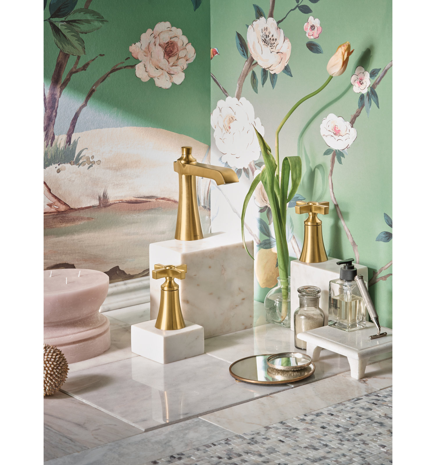 Flara Cross-Handle Widespread Faucet Trim, Brushed Gold