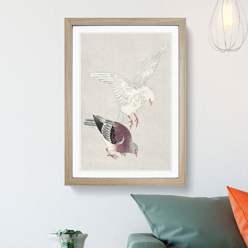 Two Pigeons by Ohara Koson - Picture Frame Painting Print, 36cm H x 27cm W x 2cm D, Oak Framed