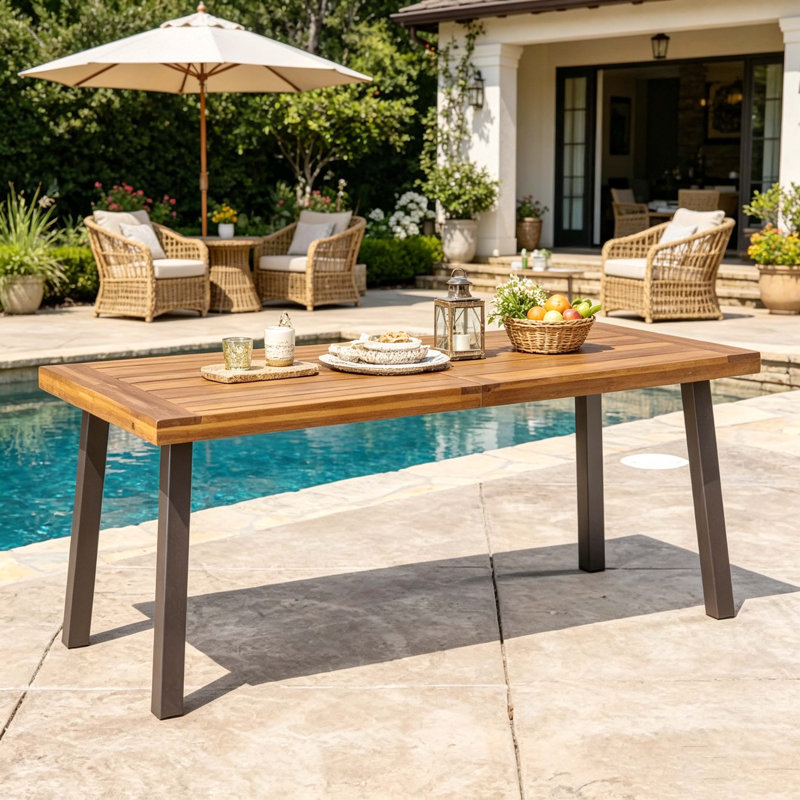 Table de salle à manger rectangulaire en bois d'acacia avec pieds en métal foncé, table de patio résistante aux intempéries pour la cour, le jardin et la piscine