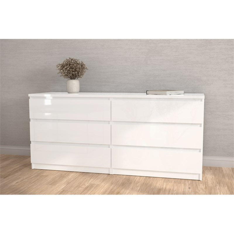 Commode double 6 tiroirs en bois d'ingénierie blanc brillant Pembert Row