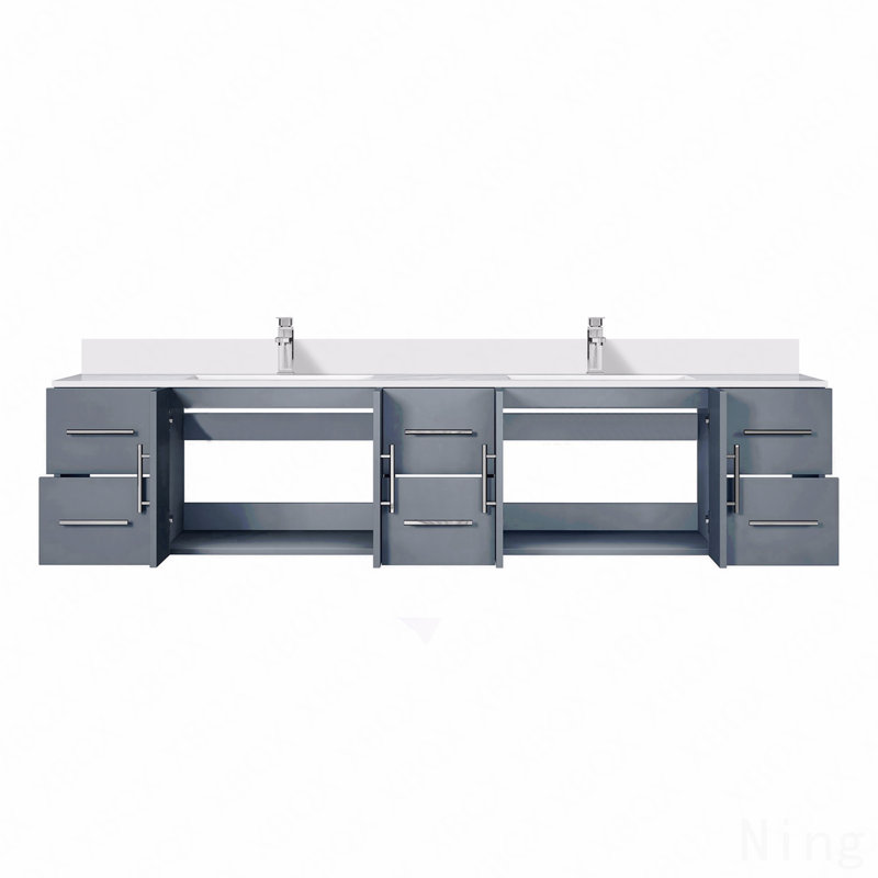 Ensemble de meuble-lavabo double l 84 po x P 22 po avec comptoir en quartz blanc et robinet, Gris