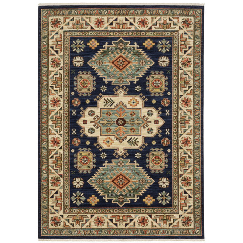 Tapis oriental bleu marine / brun en laine tissé à la machine Mirnel, Rectangle 7 pi 10 po x 10 pi 10 po